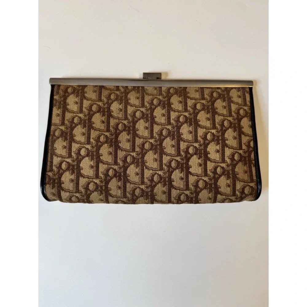 Vintage Dior Clutch Wallet Trotter Monogram Beige Black Leather - Picture 2 of 9